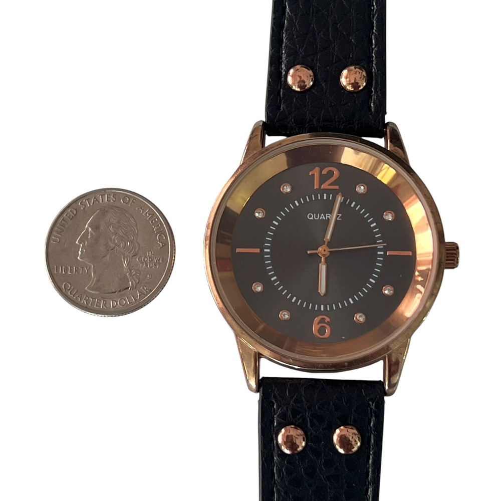 Quartz Watch Rhinestone‎ Accent Markers Black Band Rose Gold Tone Bezel - Picture 5 of 14